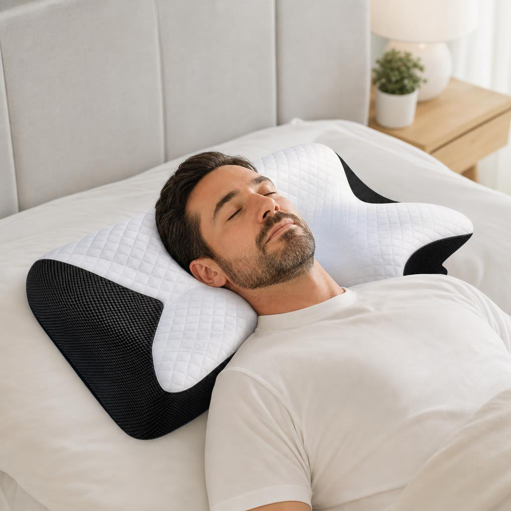 Hombre durmiendo boca arriba con el cuello apoyado
