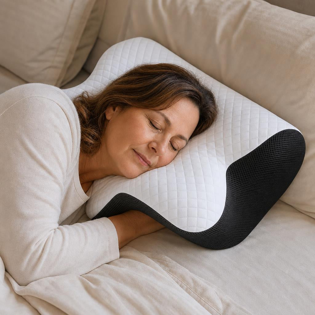 Mujer durmiendo de lado con el cuello alineado en la almohada Somnia