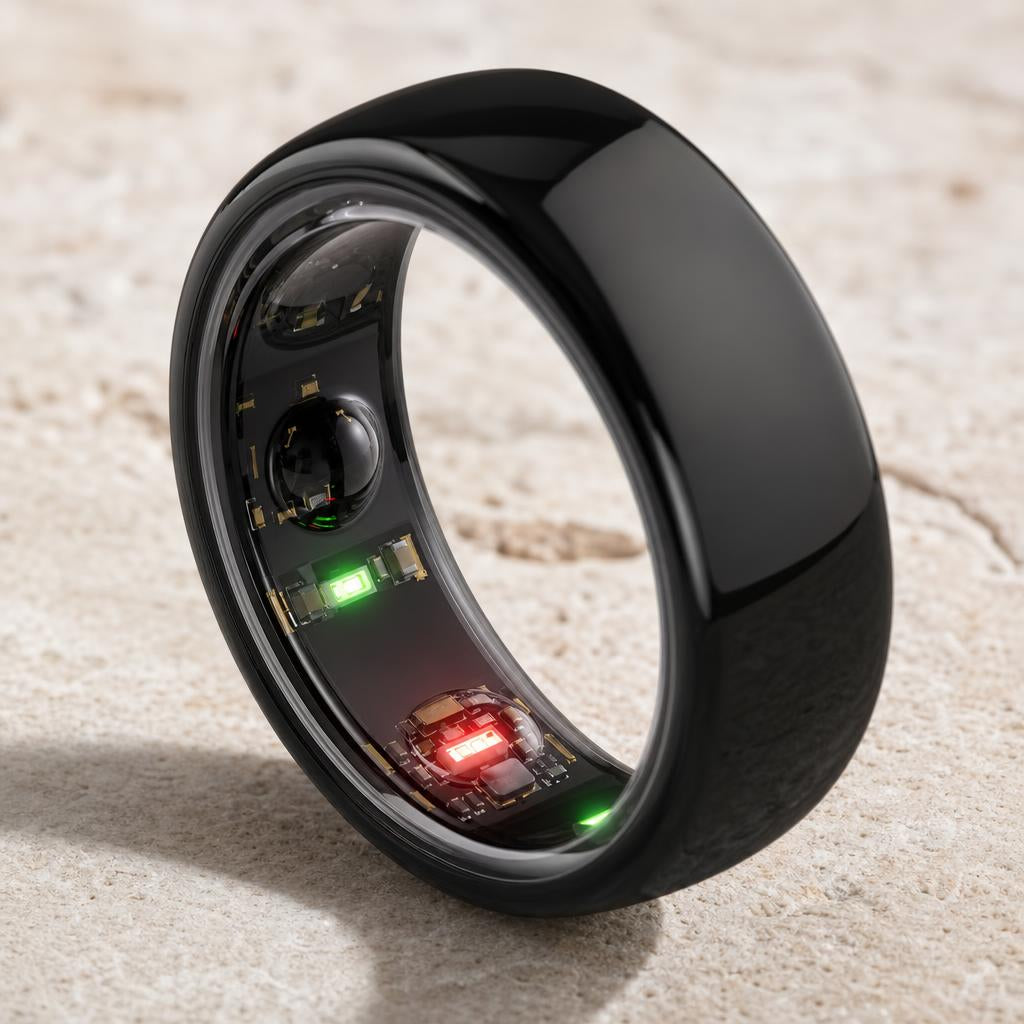 Detalle macro de los sensores del anillo inteligente Aurapro