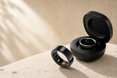 Anillo inteligente Aurapro junto a su estuche de carga
